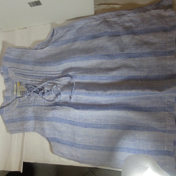 C&C California 100% Linen Blue Striped Short Sleeve Blouse Top Large - Picture 5 of 5